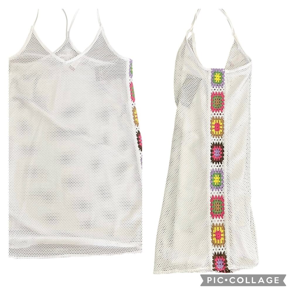 No Boundaries White Mesh Crochet Granny Square Inset‎ Swim Cover Sz MED Cottage
